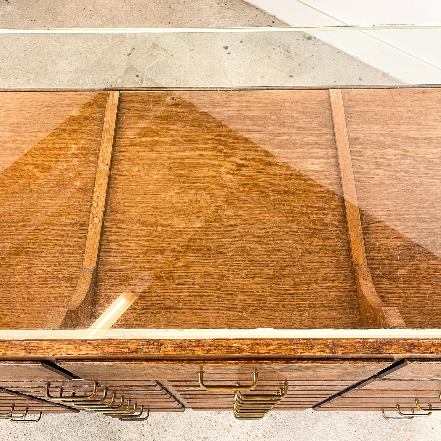 Vintage oak shop jewellery display counter with drawers