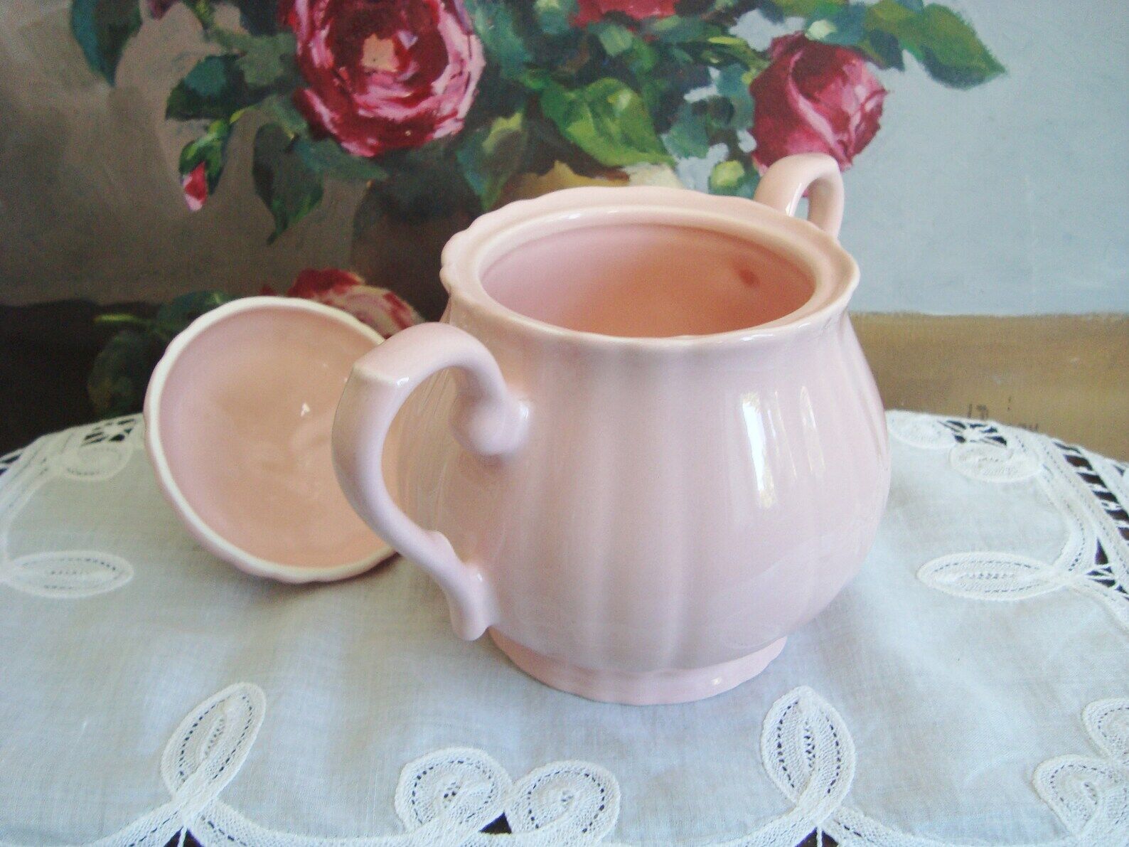 Vintage pink ceramic sugar bowl made by Salins France