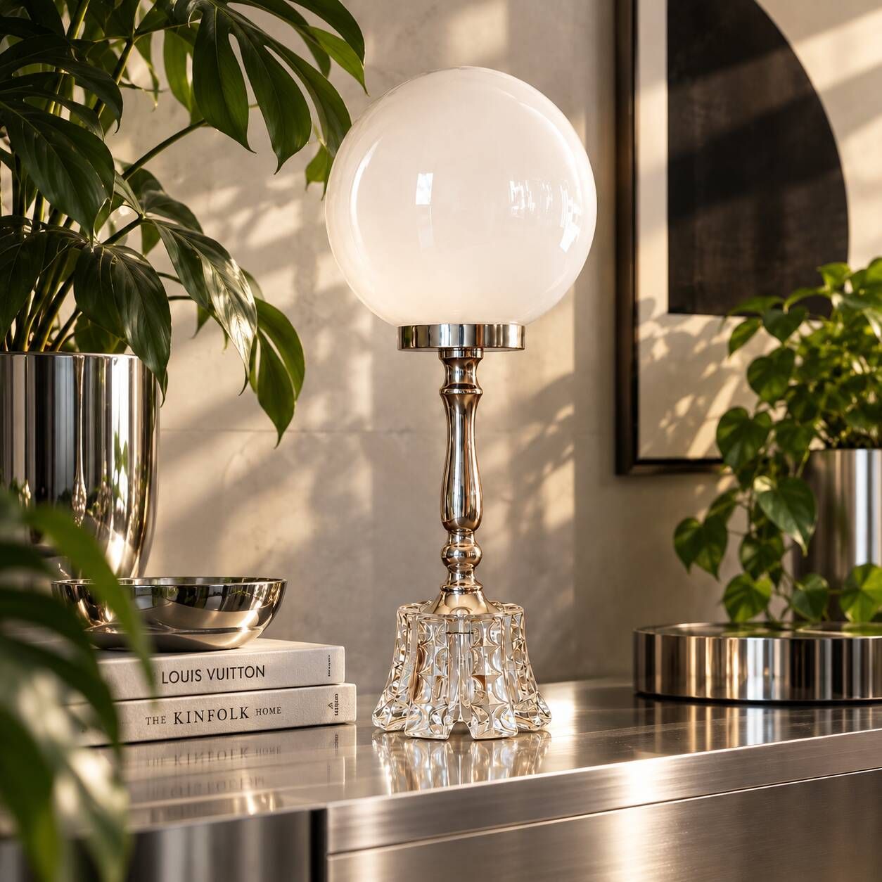 Moon — Table lamp in white opaline, sculpted glass and silvered metal.