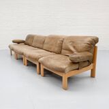Canapé modulaire en bois et cuir du milieu du siècle