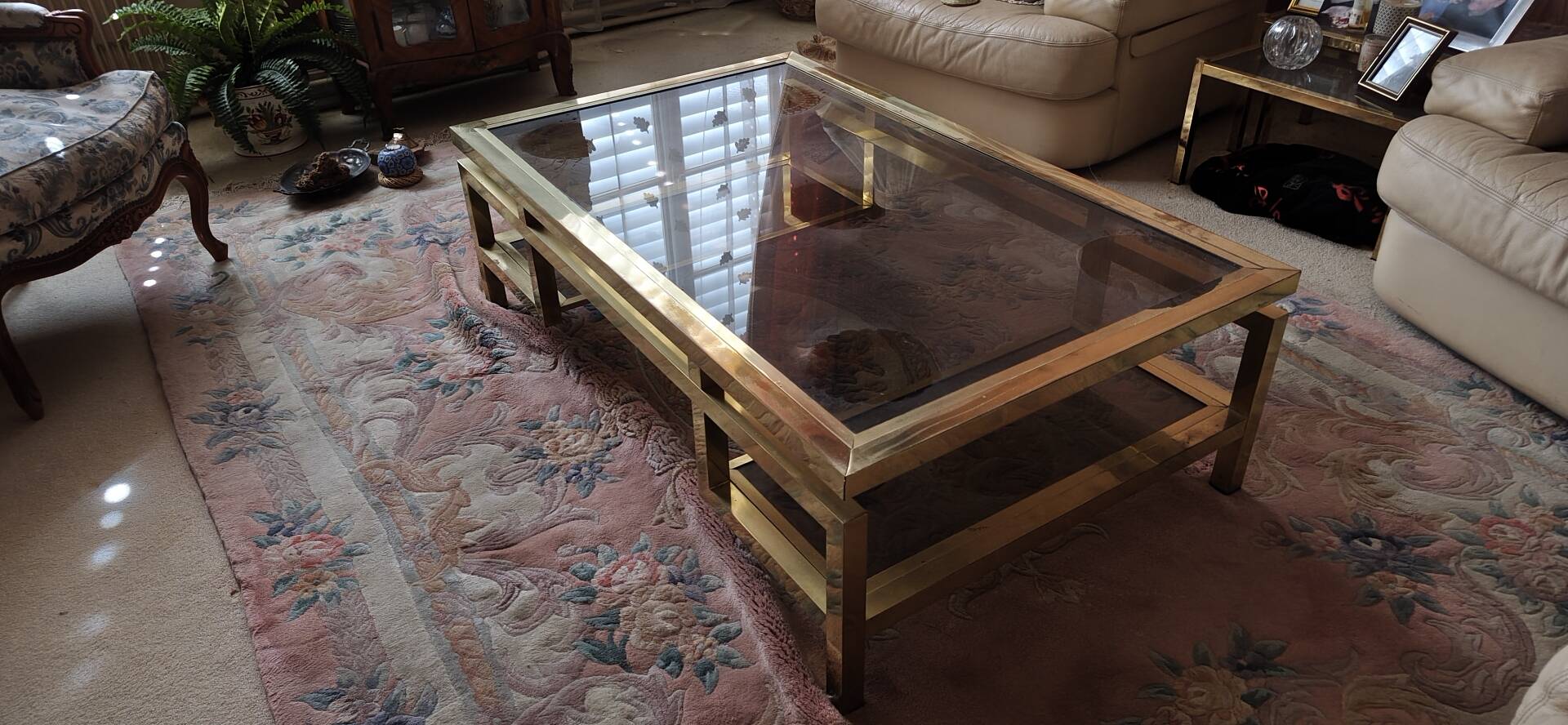 Brass Coffee Table with Smoked Glass Tops. French Work of