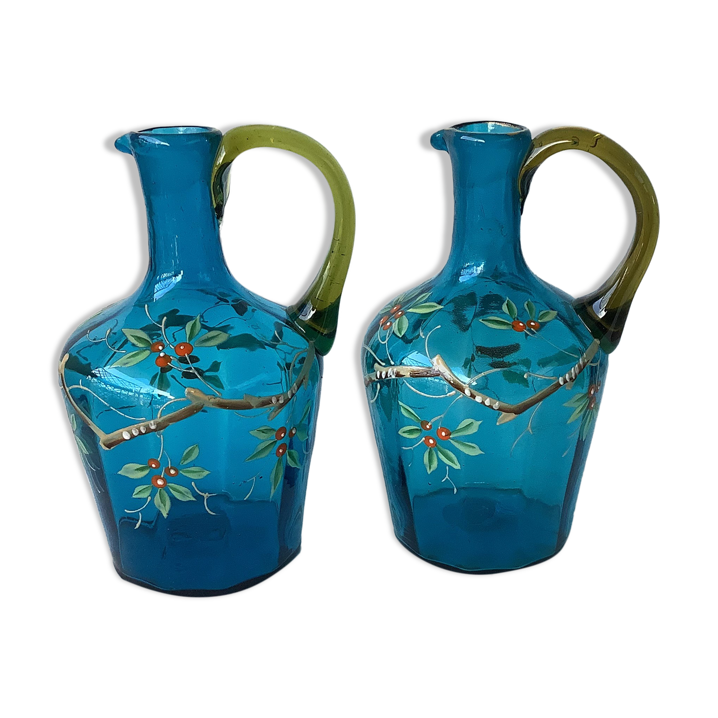 19th century enamelled blown glass liqueur decanters, called Georges Sand
