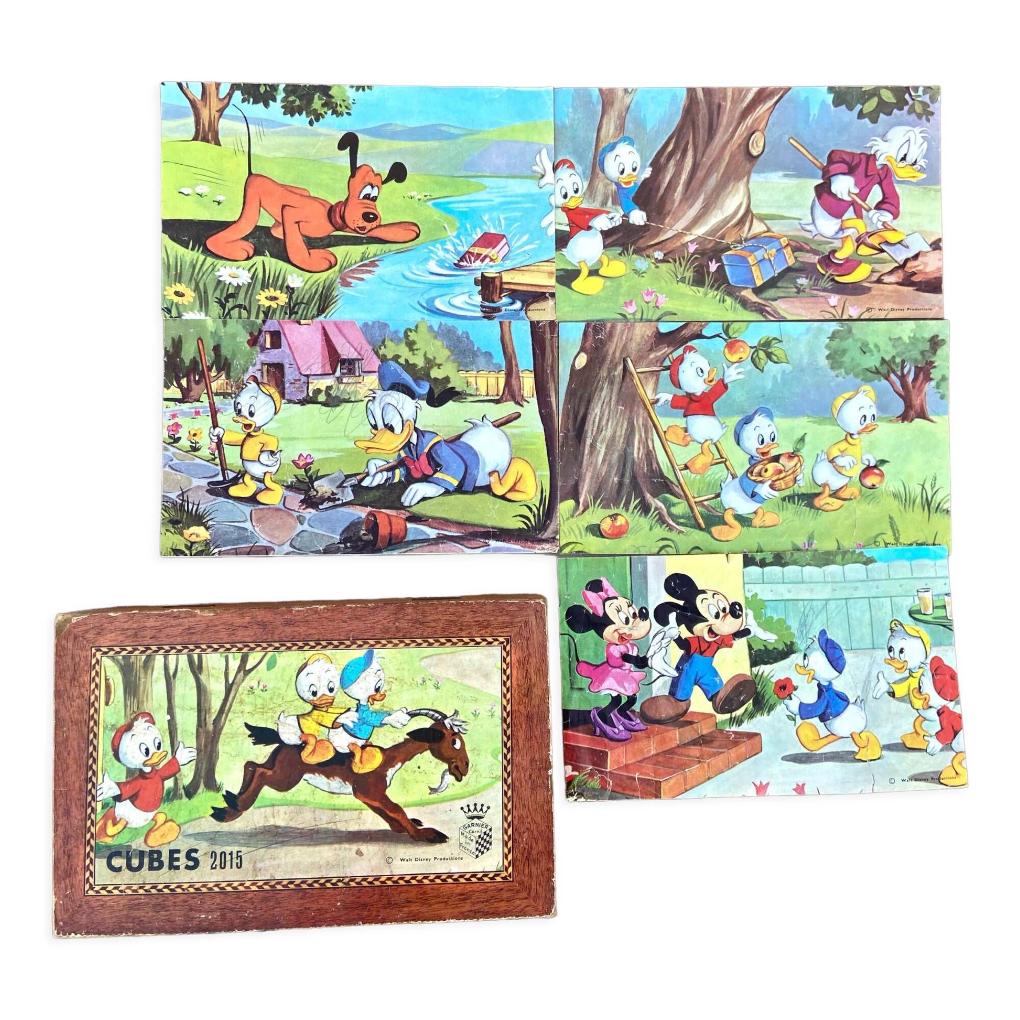 Disney Antique toy, cube puzzle - 12 pieces in their wooden case - Garnier Cornil