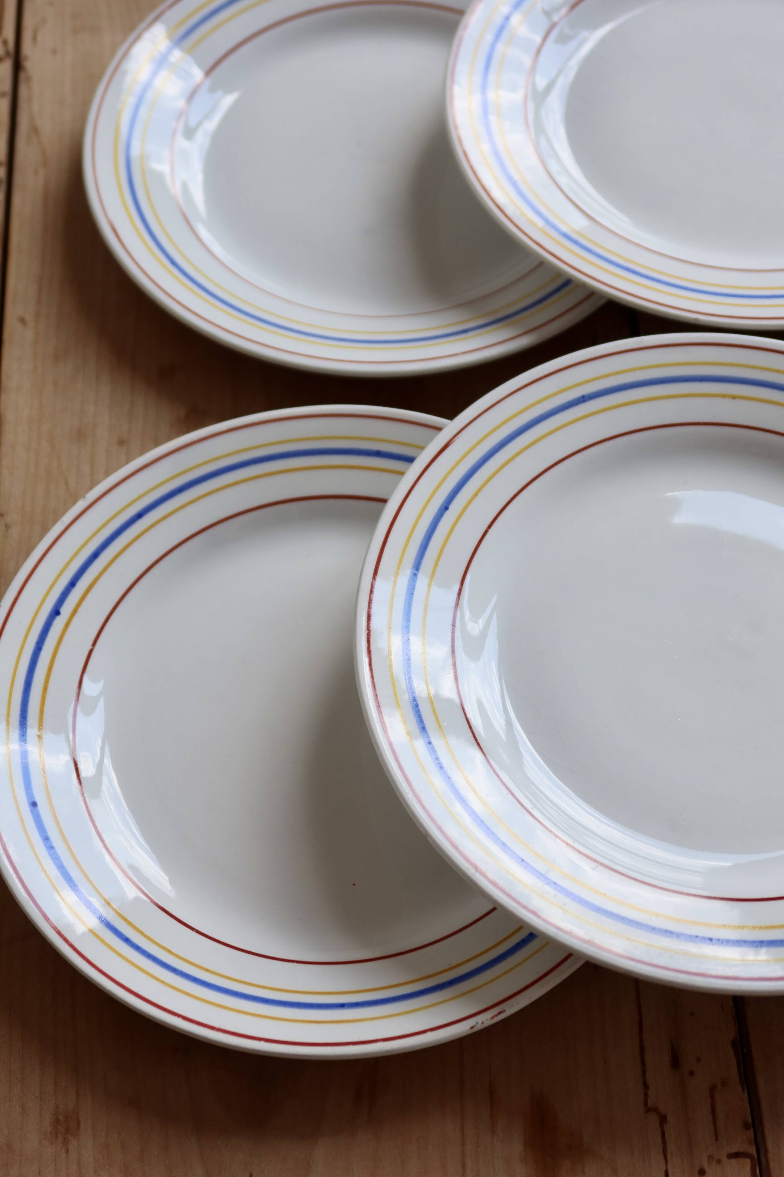 6 vintage dessert plates Céranord Saint-Amand red blue yellow stripes