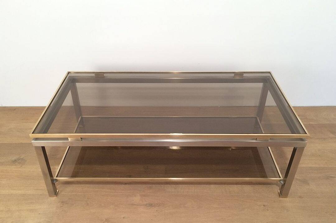 Coffee Table with Double Top in Brushed Steel and Brass, Guy Lefèvre for Ma