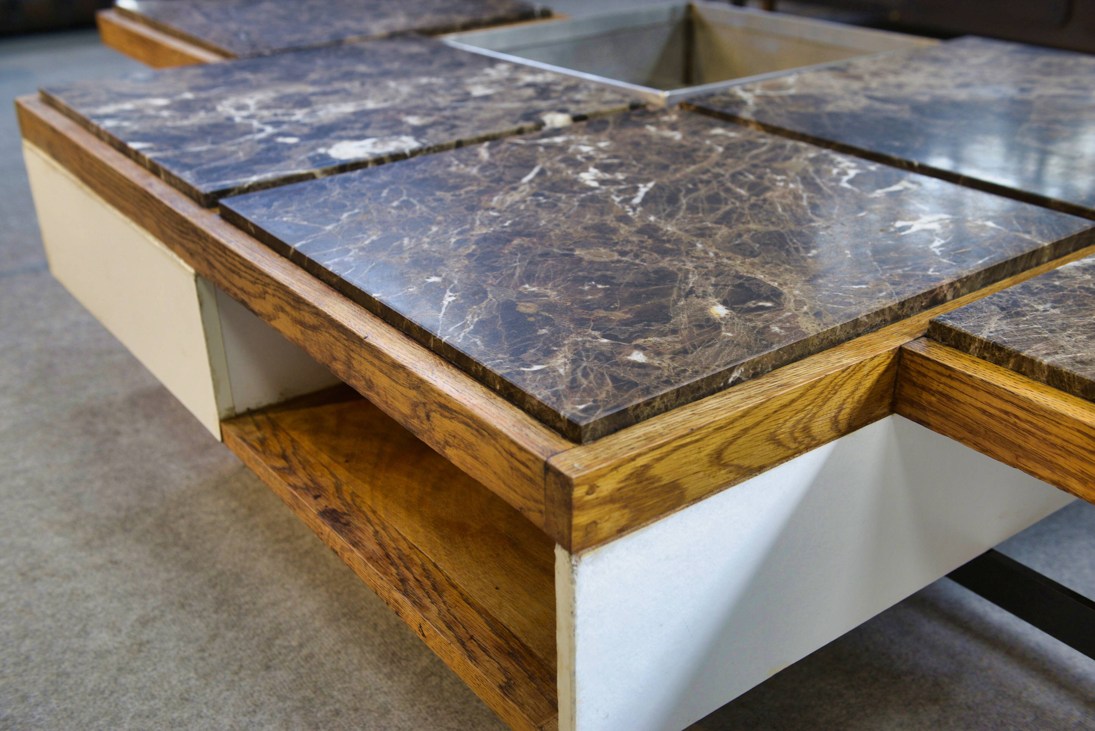 Coffee table with steel base and oak and grey marble frame, 1970s