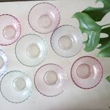Set of 8 small bowls in pink, green and blue glass Rosaline, Arcoroc, vintage French, vintage