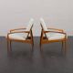 Pair of Kai Kristiansen Paperknife lounge chairs in teak and natural wool