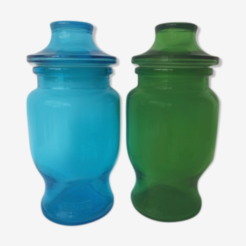 2 jars of apothecary blue glass and green