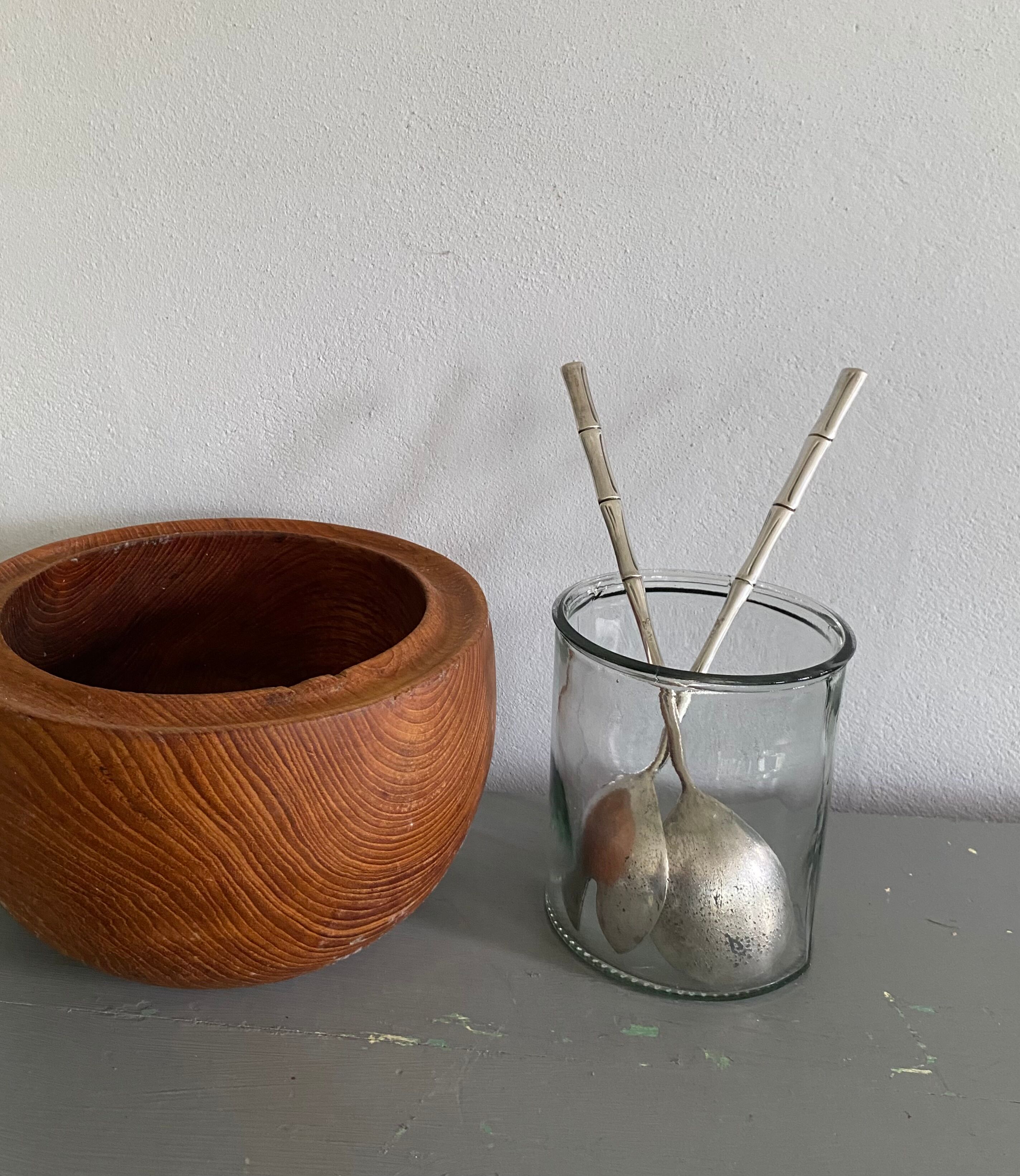 Silver metal service cutlery, bamboo model