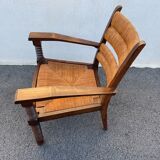 Vintage armchair in straw and brutalist wood