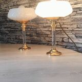 Pair of brass and Clichy glass lamps
