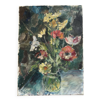 Bouquet, old fabric signed Rouban