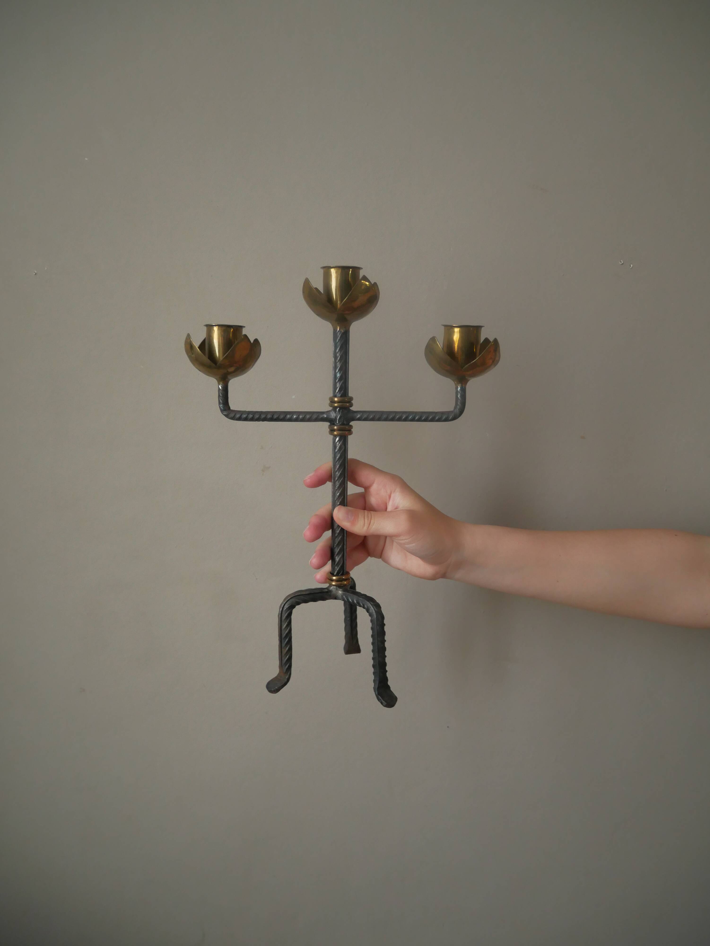 Candlestick with three branches wrought iron brass handcrafted unique piece candelabra candle holder