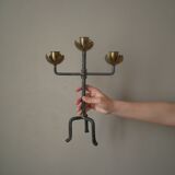 Candlestick with three branches wrought iron brass handcrafted unique piece candelabra candle holder