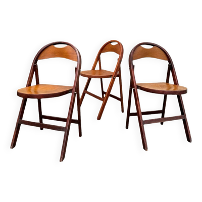 Série de 3 chaises pliantes en hêtre courbé, vers 1930