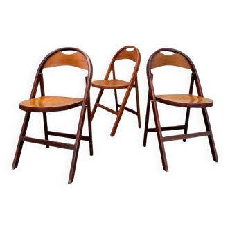 Série de 3 chaises pliantes en hêtre courbé, vers 1930