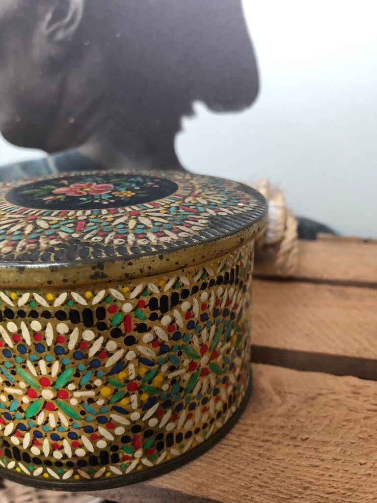 Metal candy box, flower and mosaic decoration, 60