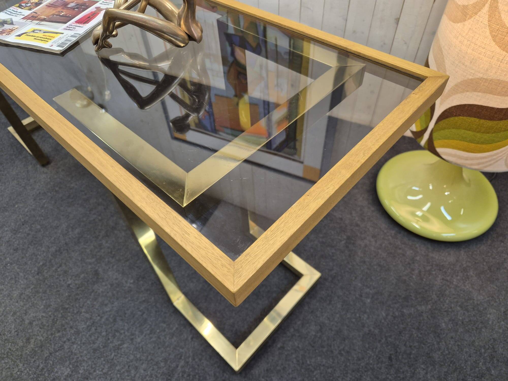 Vintage brass and smoked glass console.