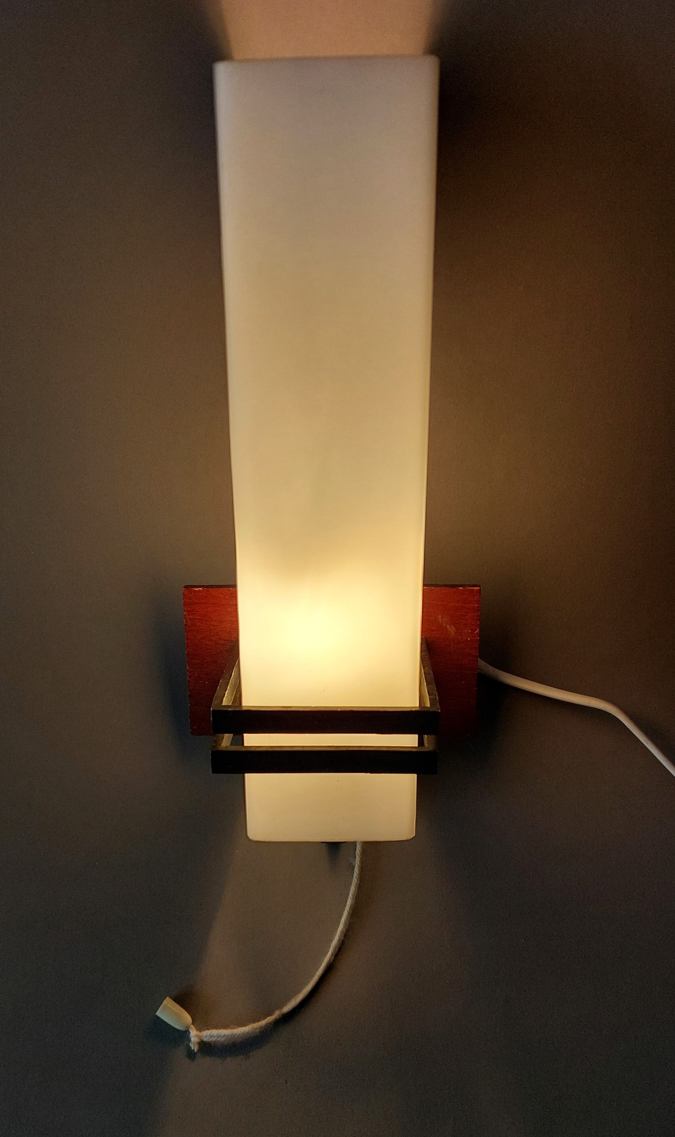Modernist wall lamp teak, opaline and black metal 1960