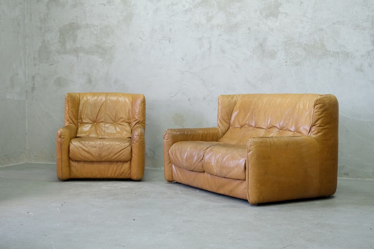 Brutalistic italian leather living room set, 1970, set of 2