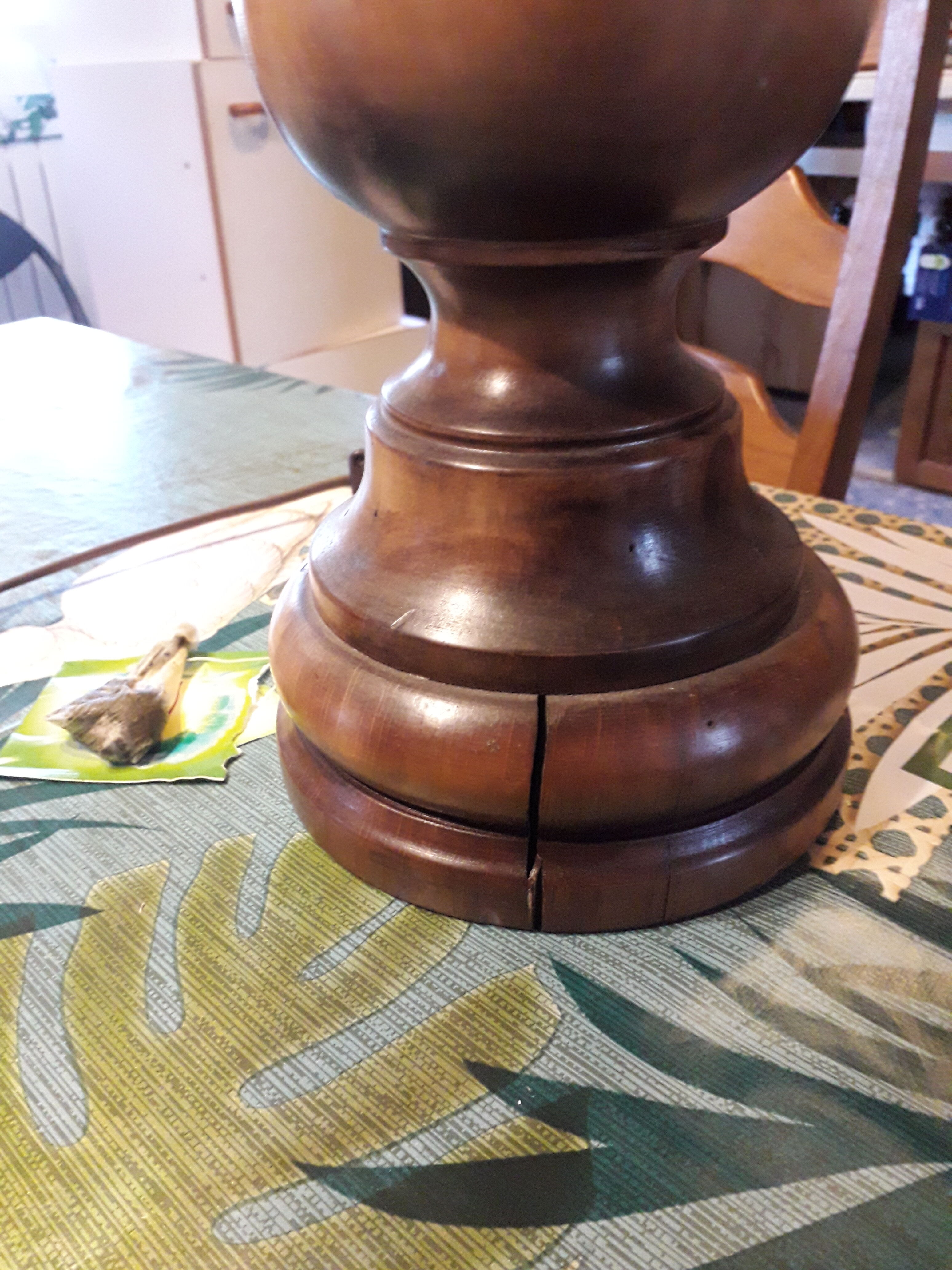 Turned wood table lamp with “skin” shade