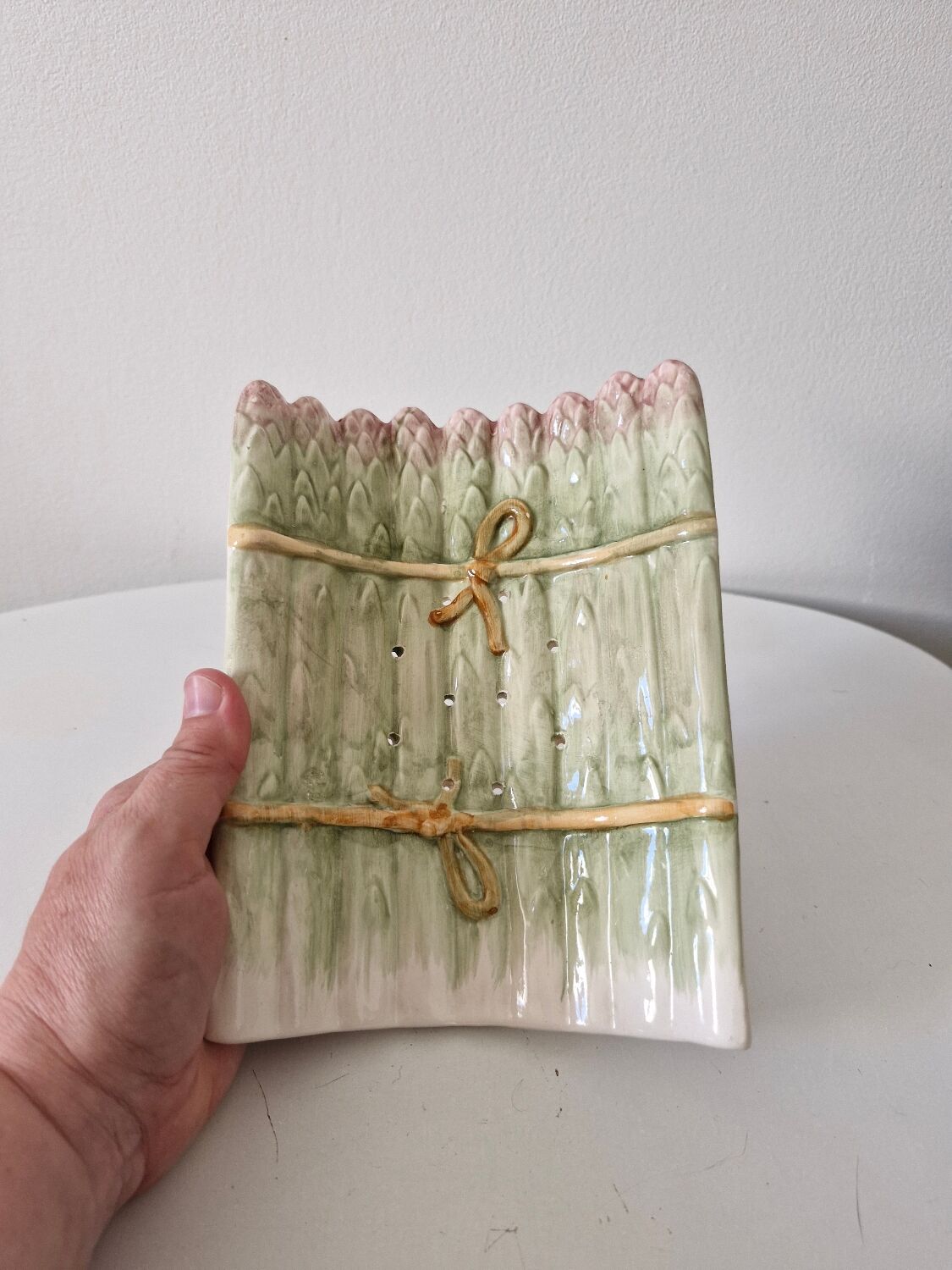 Old dish and asparagus drainer Barbotine ceramic
