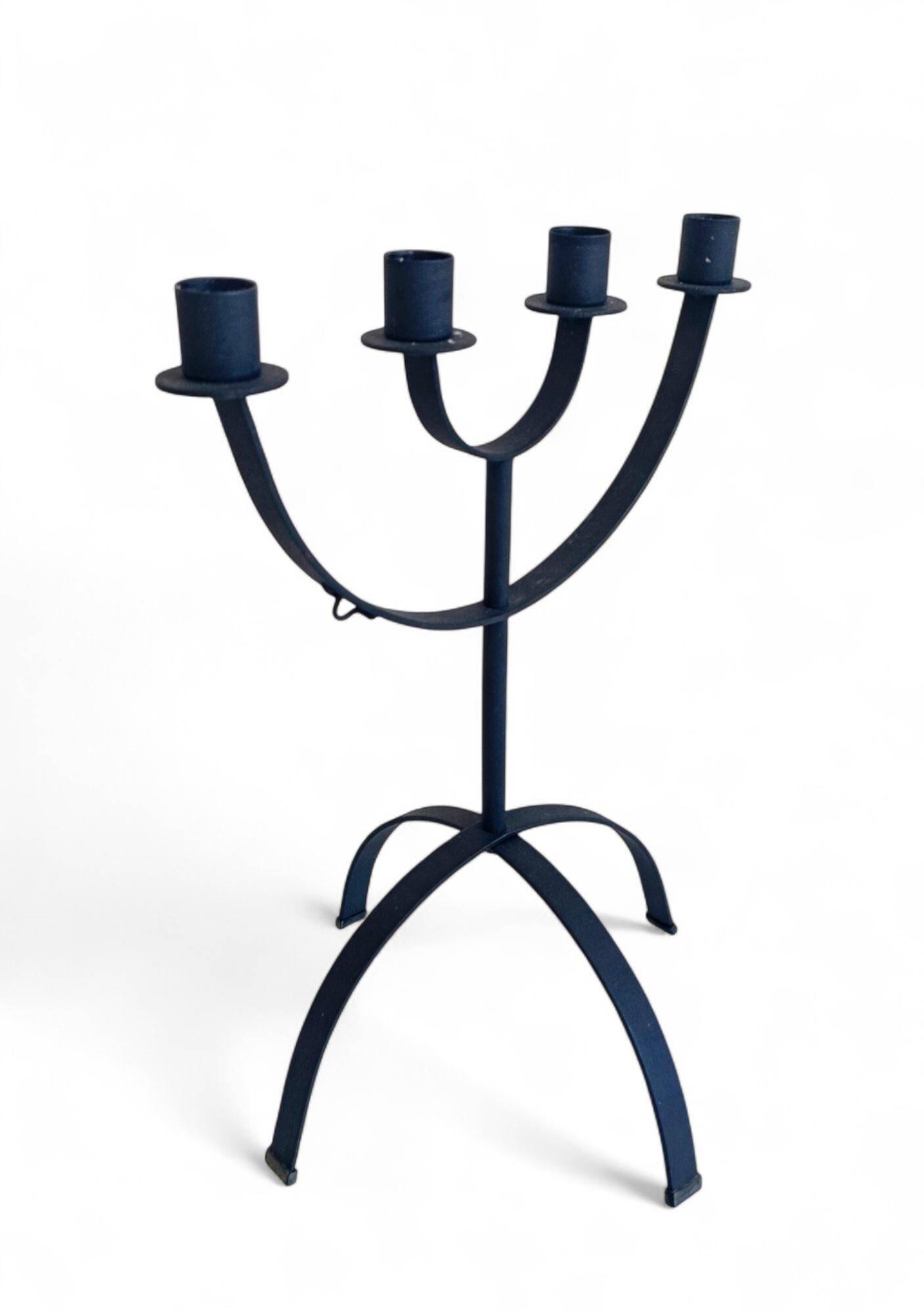 Mid-Century Minimalistic Black Wrought Iron Menorah Candelabra