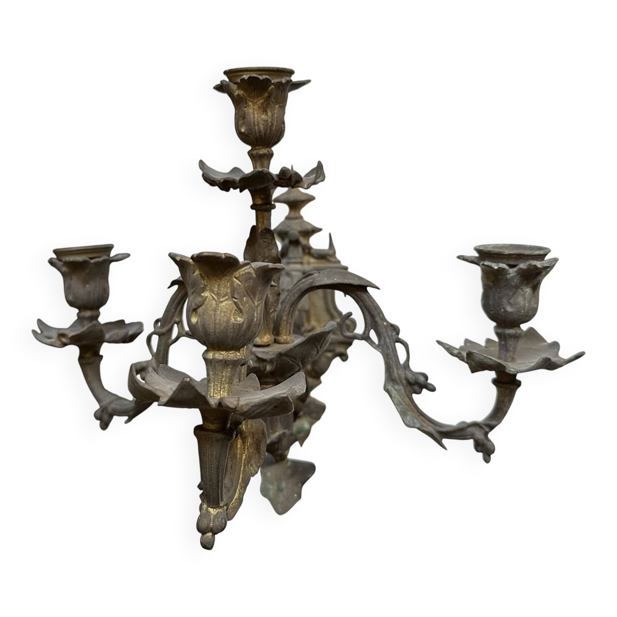 Antique patinated bronze wall sconce – 4 light arms, 19th century