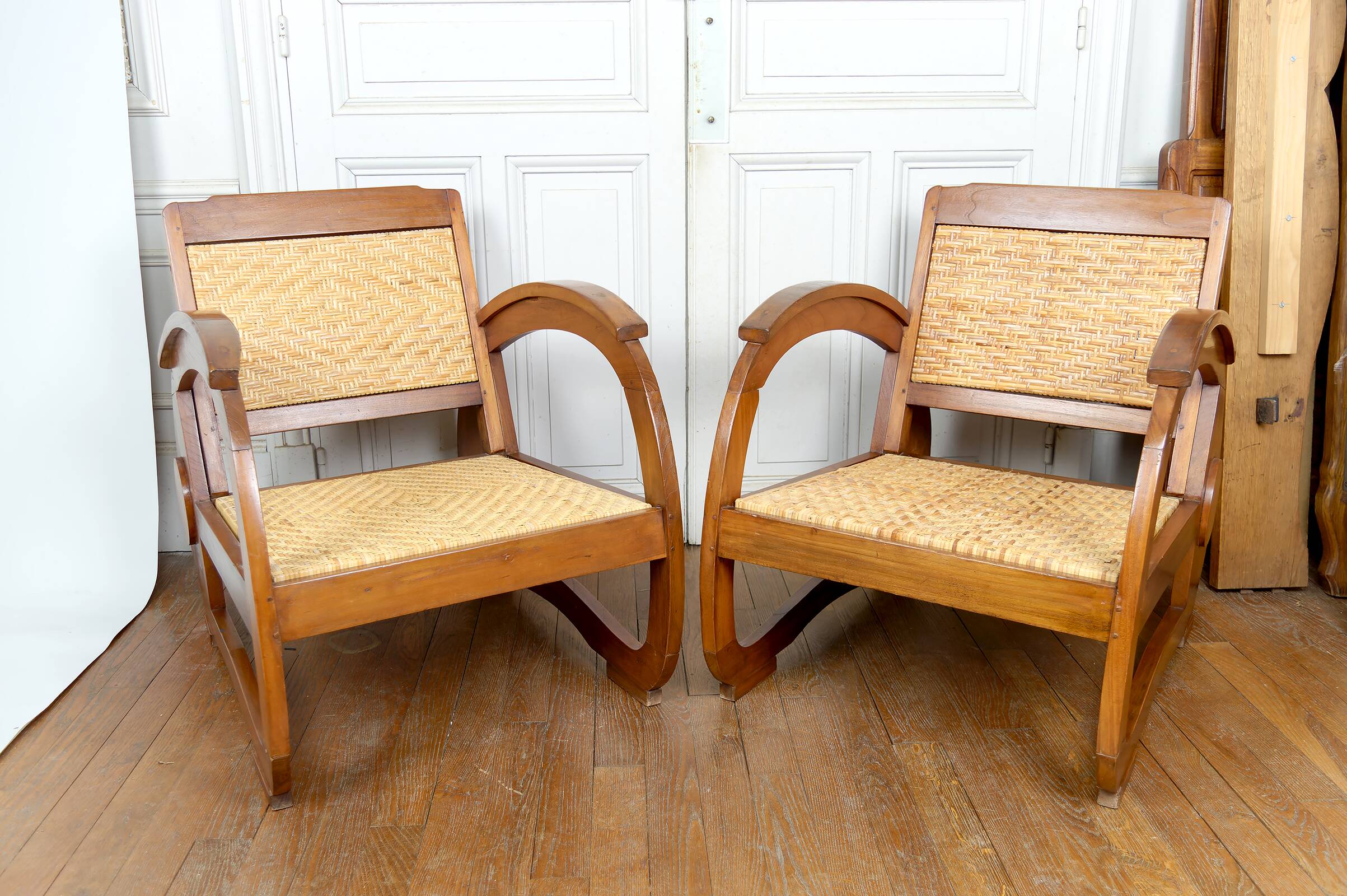 Pair of Teak Armchairs with Woven Rattan Seats, Colonial Art Deco, 1925