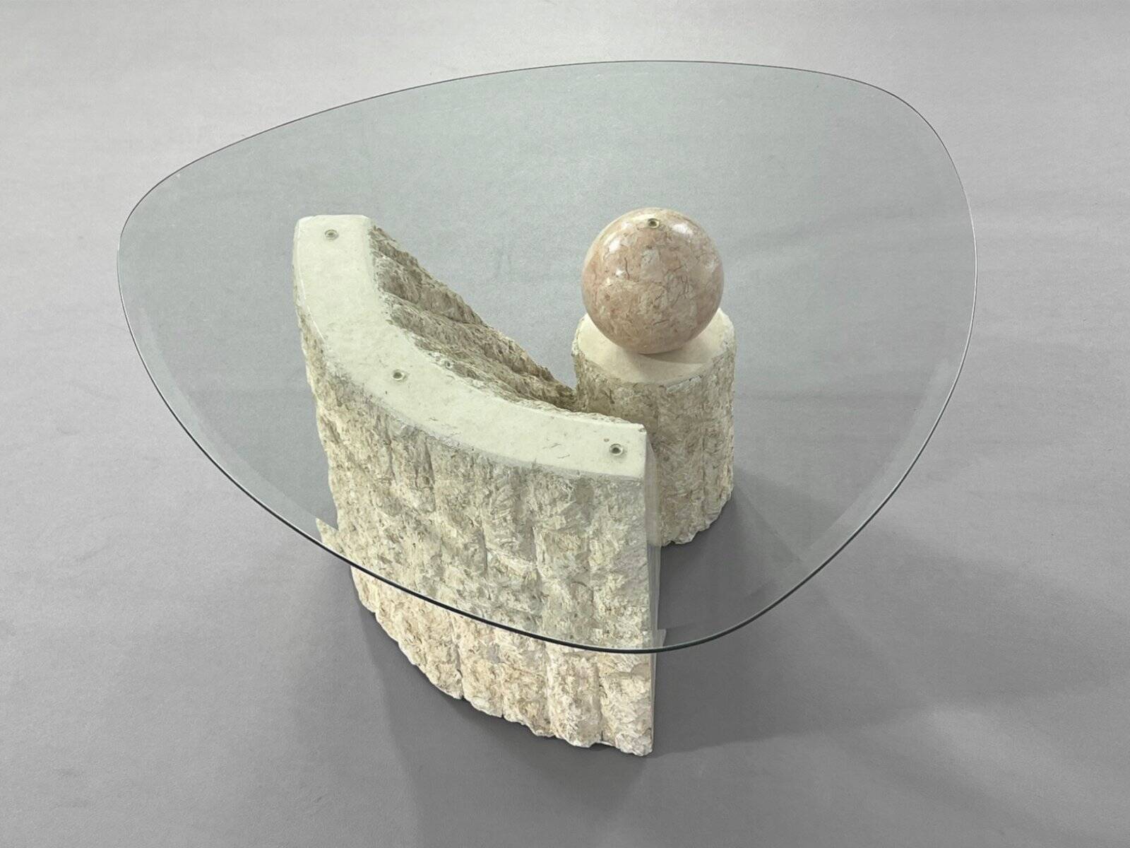 1980s coffee table with stone marquetry and glass top.