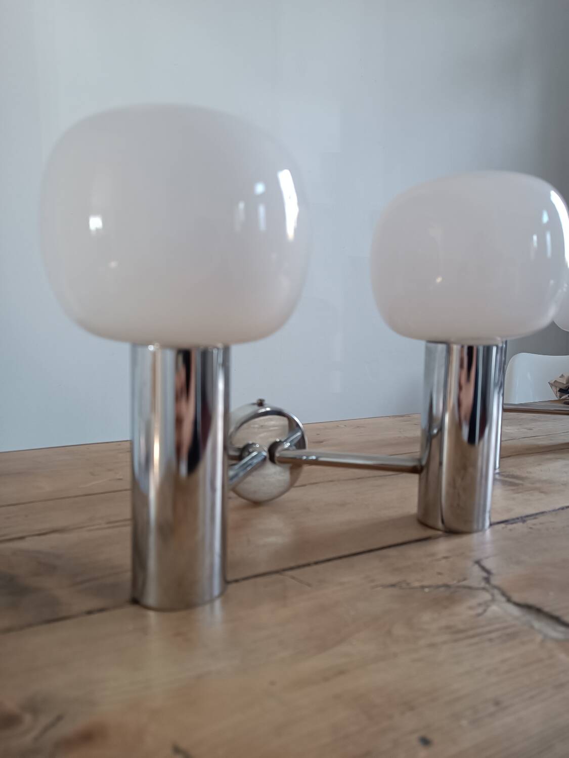 Pair of vintage wall lights in chromed metal and opaline 1970