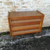Vintage rattan and oak chest of drawers
