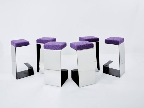 Set de 6 tabourets de bar fer forgé acier poli laine bouclé 1970