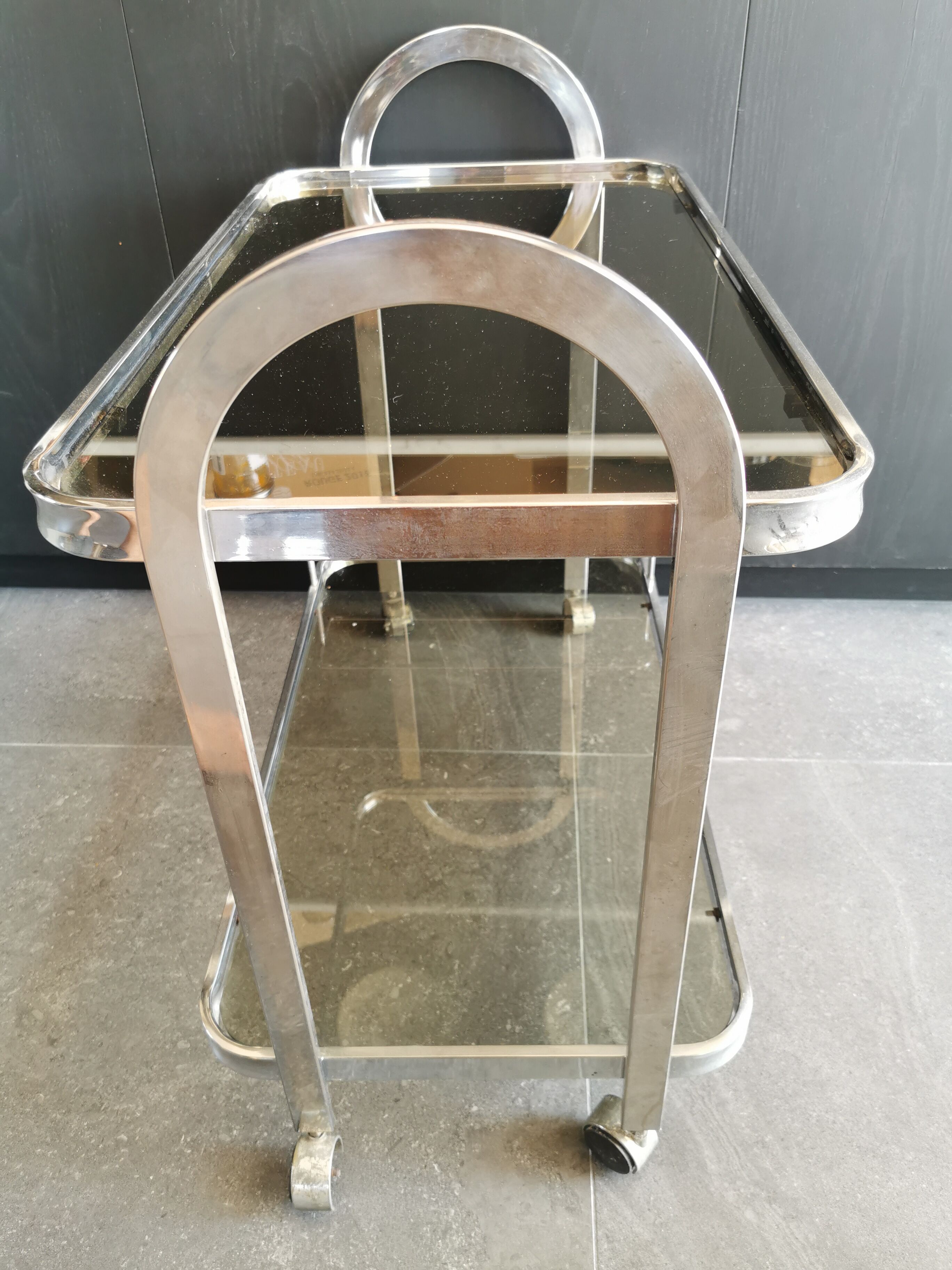Art deco metal and smoked glass rolling dessert