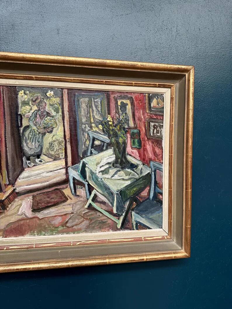 Oil on panel by Swedish artist – "Interior with figure" by Olle Nordberg (1905–1986) – 1944 – vintage and framed – 40×46 cm (15.7"×18.1")