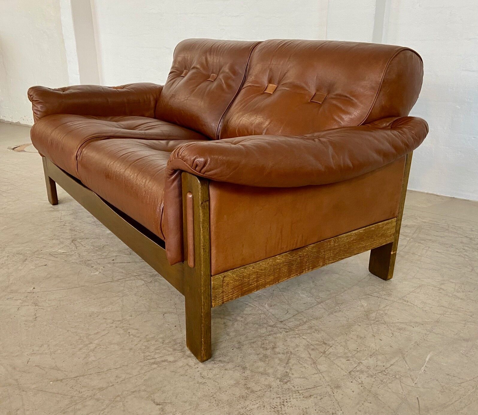 Vintage Danish mid-century cognac brown leather 2-seater Stouby 1970s