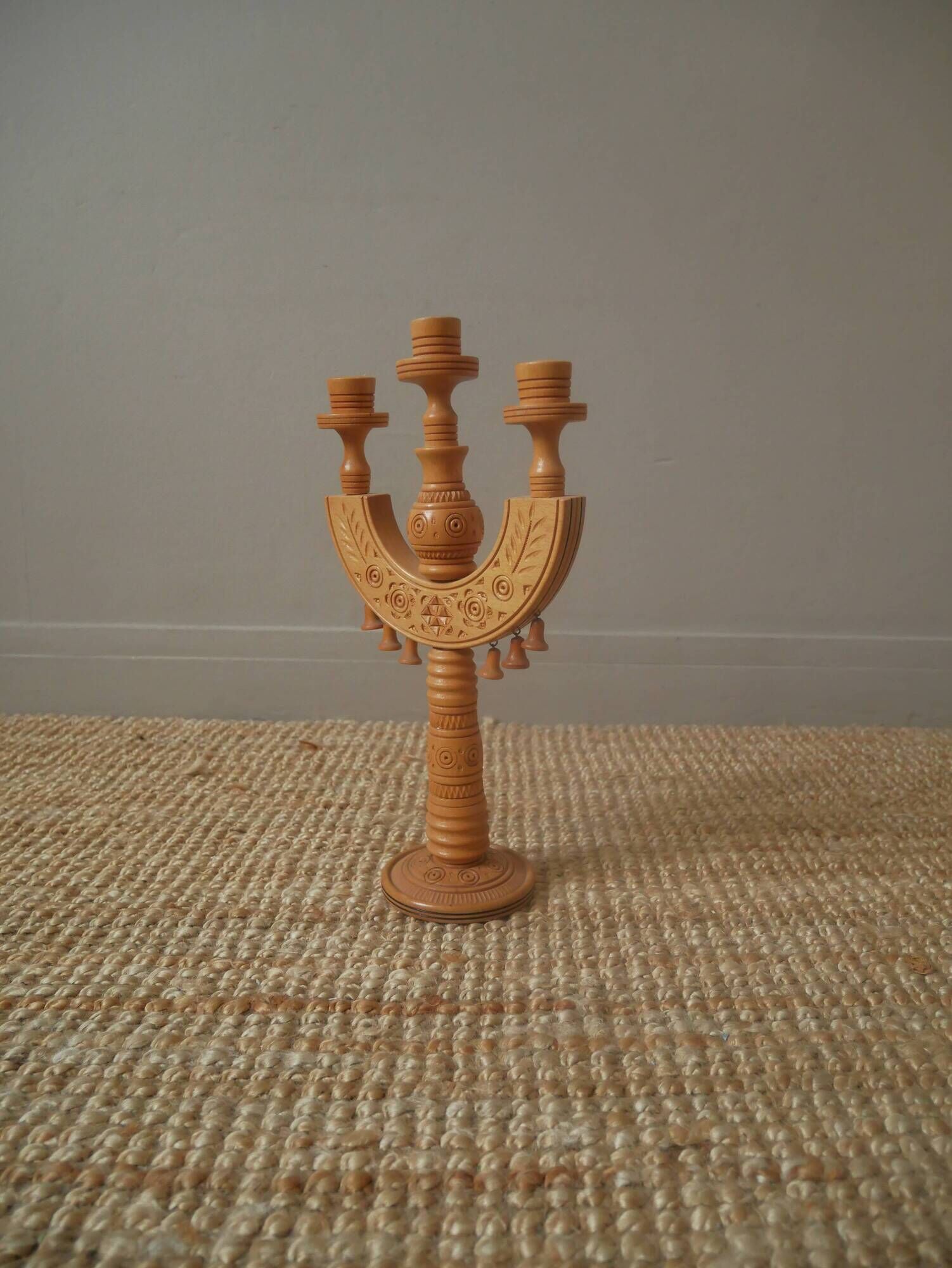 Candlestick candle holder candelabra old carved wood handcrafted Scandinavian folk decoration