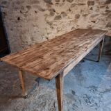Antique French pine dining table, large farmhouse table on wheels, 19th century.