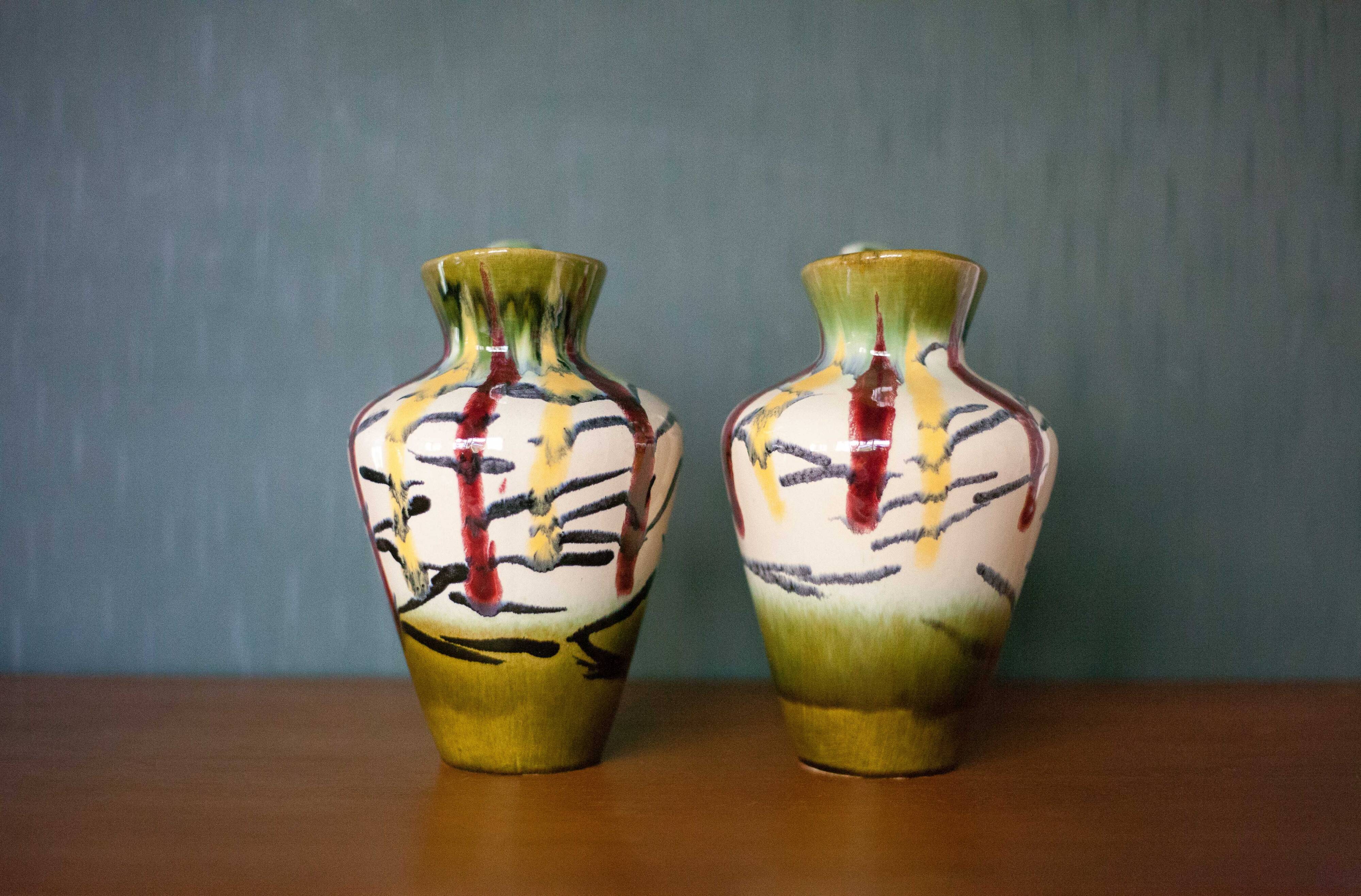 Pair of vintage ceramic vase U-Keramik 1505/20 West Germany, vase with handle, collection, pottery