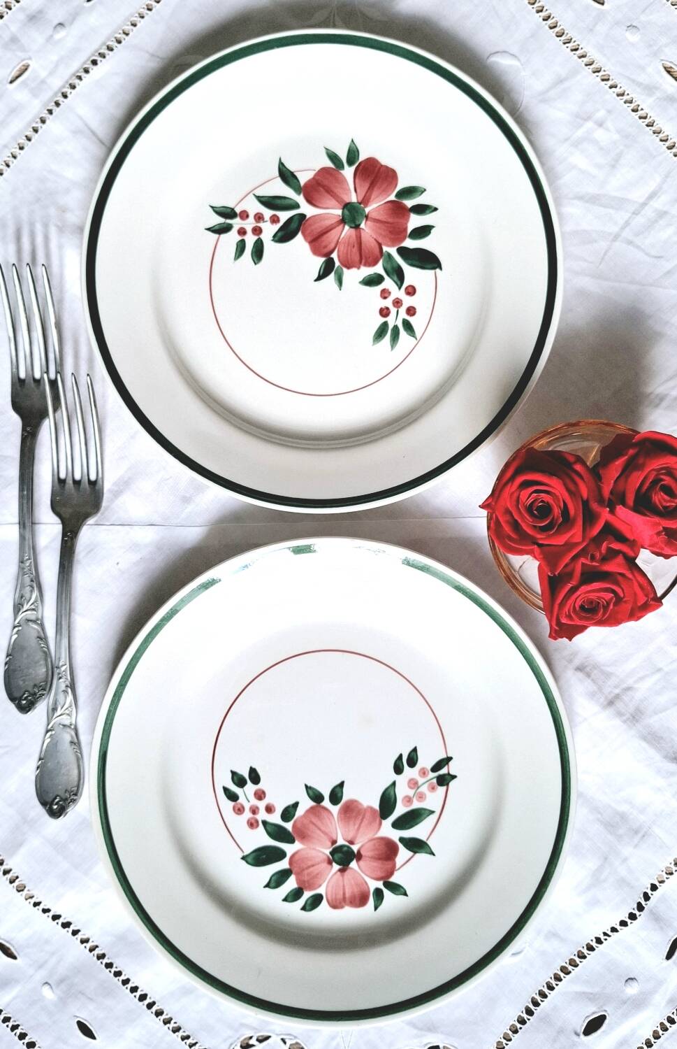 Old mismatched earthenware dinner plates