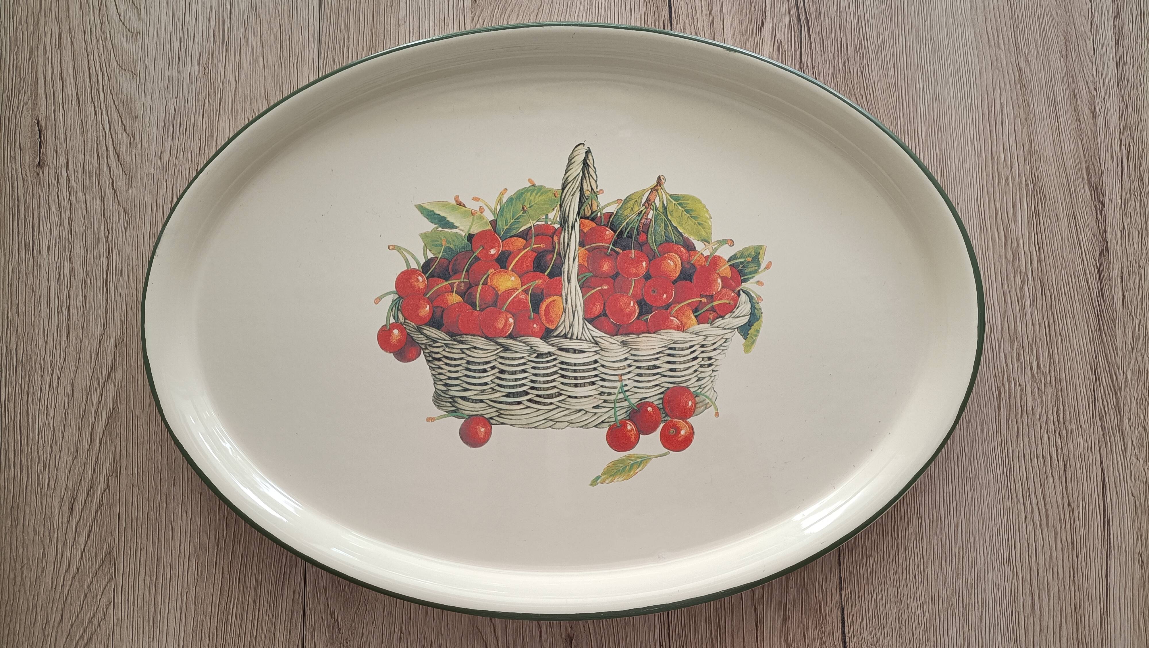 Plat de service ovale rétro décor panier de cerises