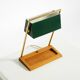 1960s Temde table lamp with a brass frame, teak base, and green lampshade