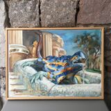 Huile sur toile "Salamandre du Parc Guelle - Barcelone"