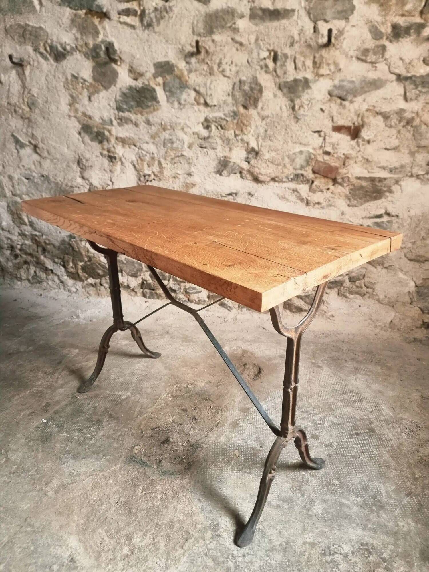 Vintage French Bistro Table | 1960s/70s Oak Top & Cast Iron Base | Retro Coffee & Wine Table