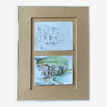 Lot of a watercolor accompanied by its sketched study