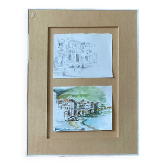 Lot of a watercolor accompanied by its sketched study