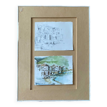 Lot of a watercolor accompanied by its sketched study