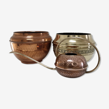 Watering can and pot covers brass and vintage copper