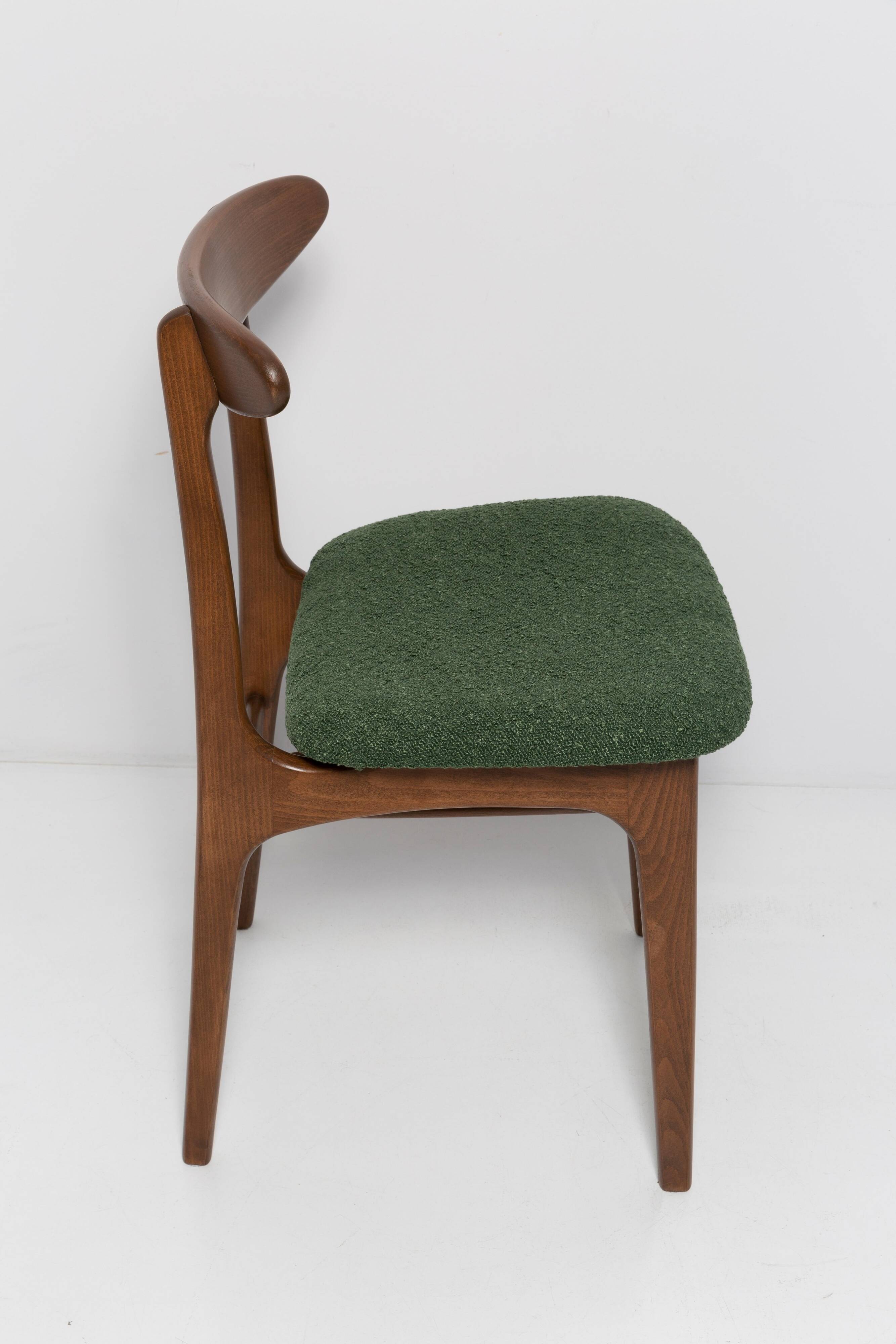 Mid Century Chair in Green Bouclé, Walnut Wood, Rajmund Halas, Poland, 1960s